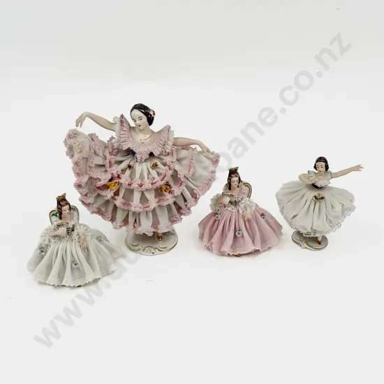 Four Assorted Dresden China Lace Figures