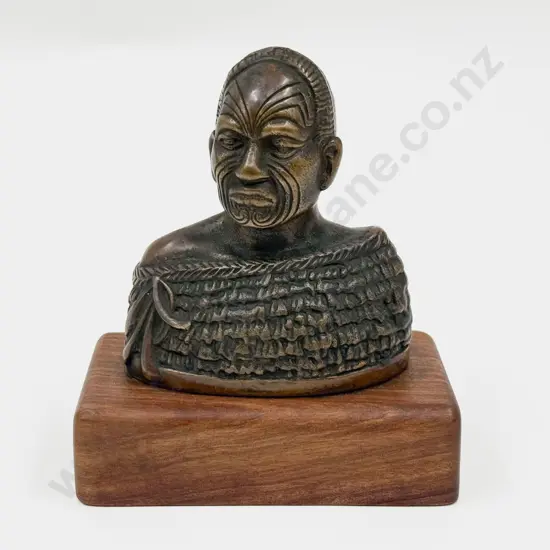Bronze Bust of Maori Man on Wooden Base