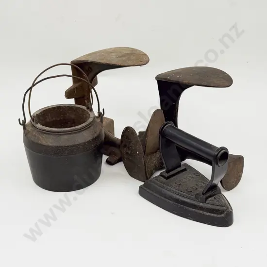 Two Vintage Shoe Lasts together with Cast Iron Glue Pot & Flat Iron