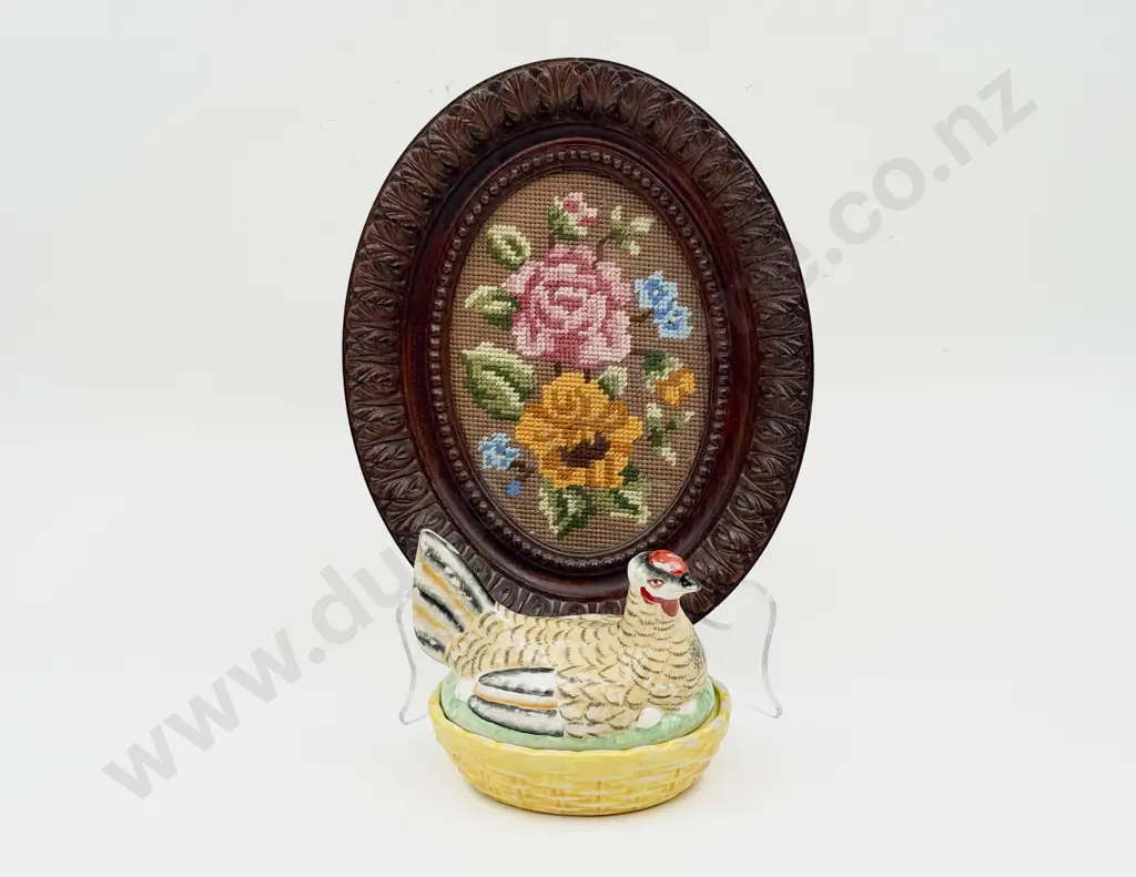Small Staffordshire Hen Tureen together with Small Ornately Framed Oval Tapestry Image 1++