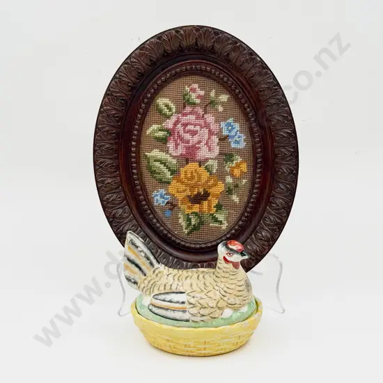 Small Staffordshire Hen Tureen together with Small Ornately Framed Oval Tapestry