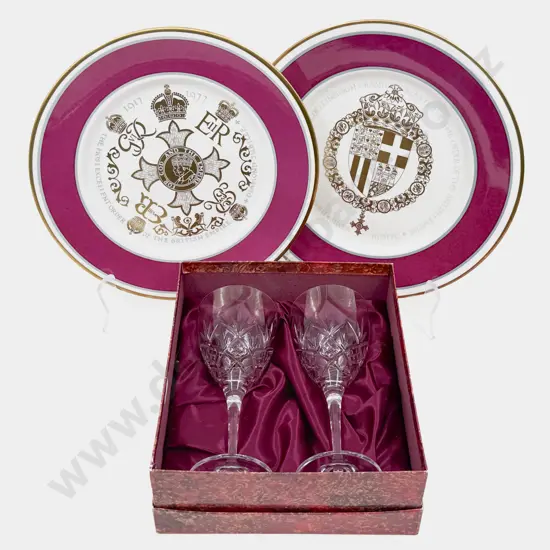 Pair of Royal Comm Plates together with Boxed Pair of Doulton Crystal Glasses
