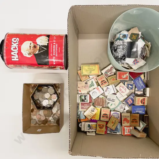 Box Quantity of Assorted Vintage incl Loose Stamps Coins & Match Books etc