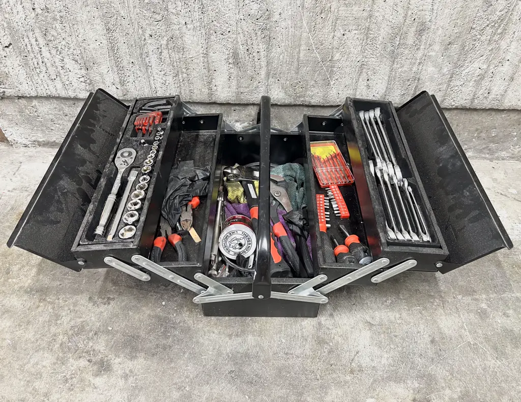 Tool Box of Assorted Tools incl Wrench & Socket Sets Image 1++