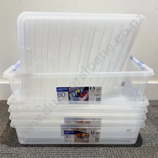 Four 30L Storage Tubs together with 60L Storage Tub