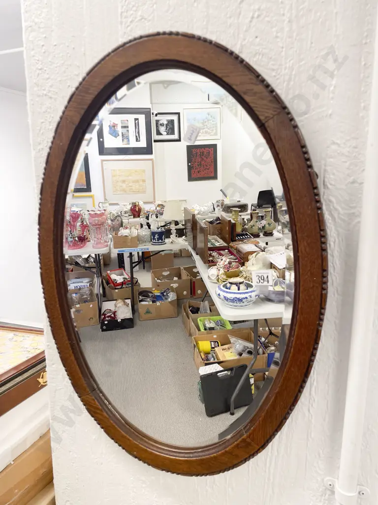 Oval Oak Framed Bevelled Edge Wall Mirror Image 1++