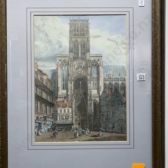After Samuel Prout - South Entrance to Cathedral of Rouen - Coloured Engraving