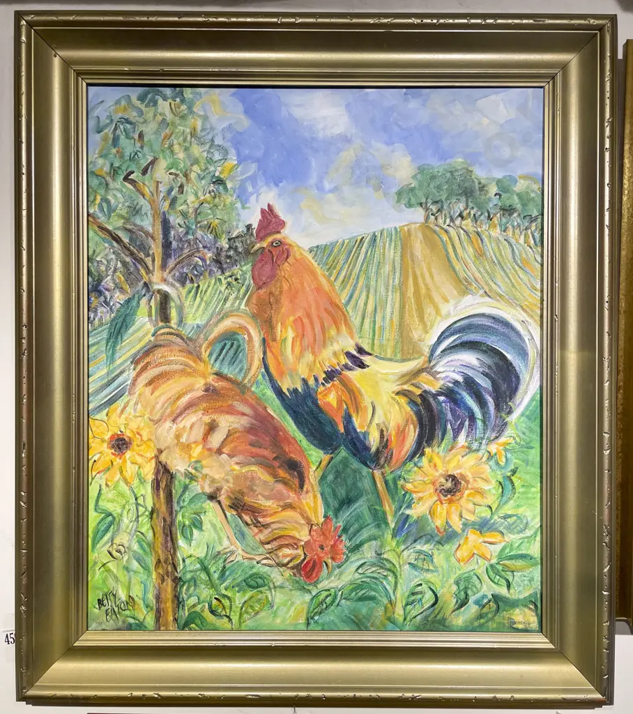 Betty Eaton - "Province Roosters" - Oil on Canvas Image 1++