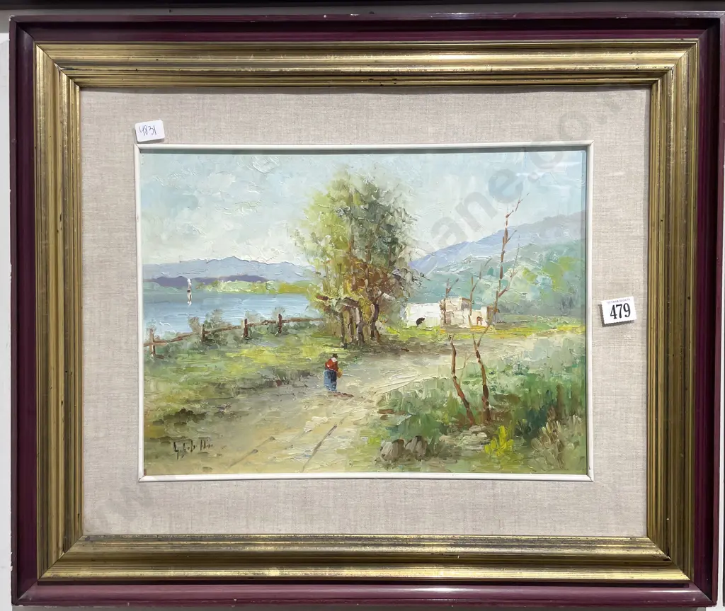 Indistinctly Signed - Riverside Pathway - Oil on Board Image 1++