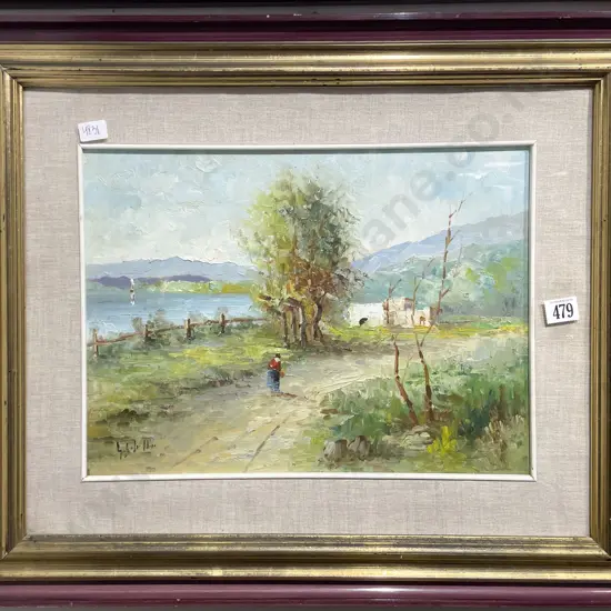 Indistinctly Signed - Riverside Pathway - Oil on Board