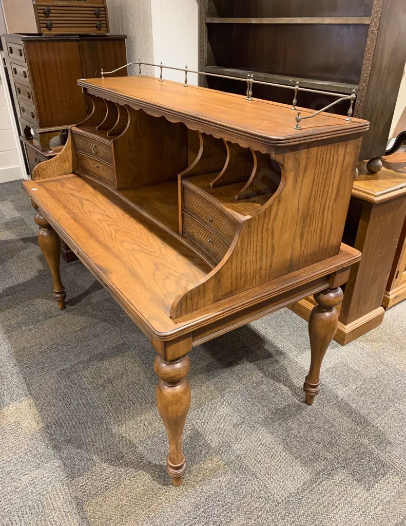 Oak Two Stage Desk Together With Matching Open Arm Chair Image 1++