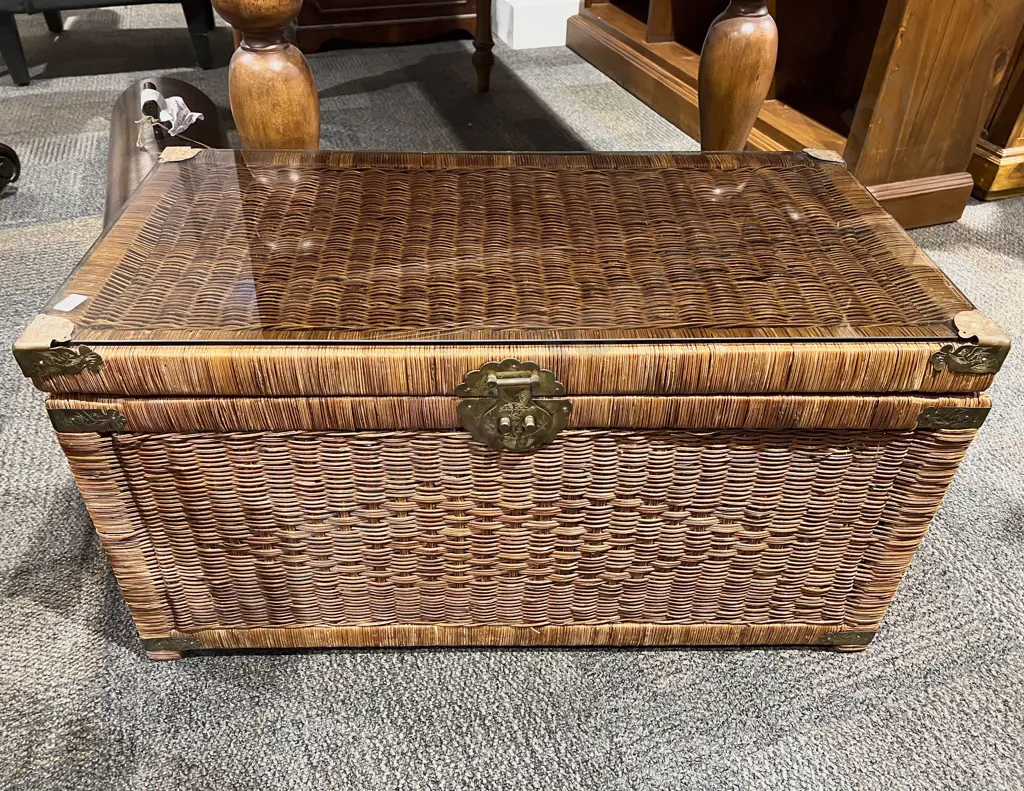 Brass Bound Glass Top Rattan Ottoman Image 1++