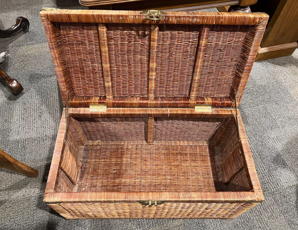 Brass Bound Glass Top Rattan Ottoman Image 1++