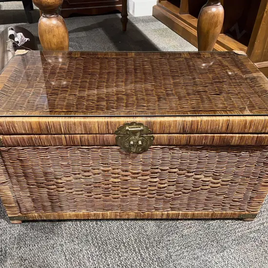Brass Bound Glass Top Rattan Ottoman