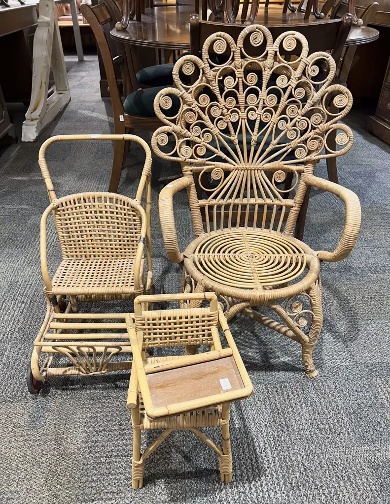 Three Pieces of Assorted Vintage Cane Doll Furniture Image 1++