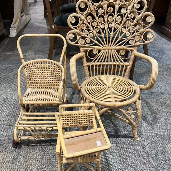 Three Pieces of Assorted Vintage Cane Doll Furniture
