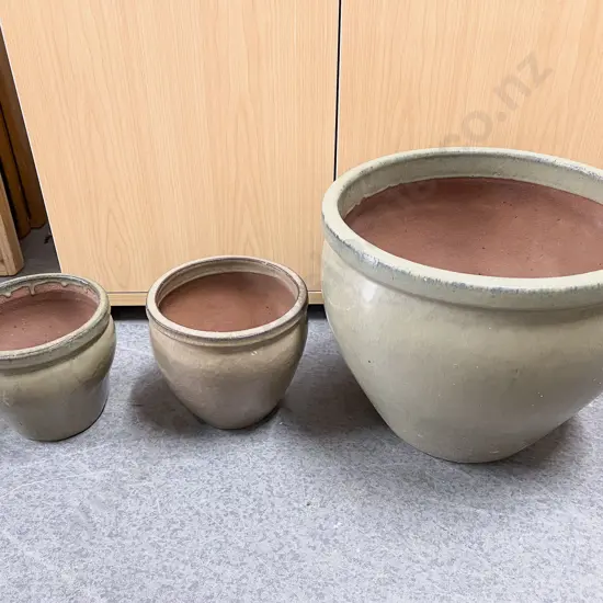 Glazed Garden Planter and Pair of Smaller Examples