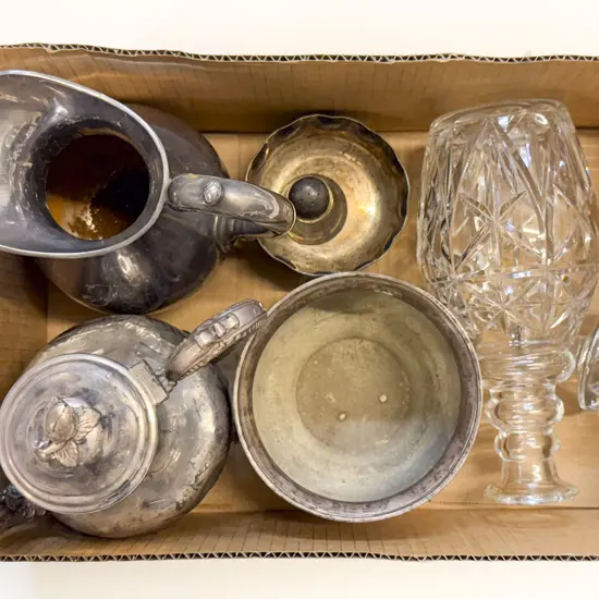 Box with Plated Ware & Glass Decanter