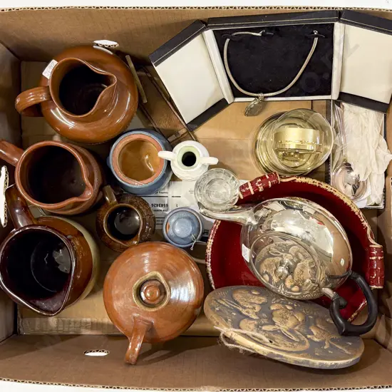 Box with Stoneware Jugs Dome Cased Clock etc