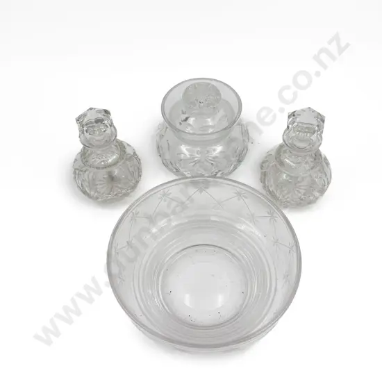 Stuart Crystal Fruit Bowl Lidded Jar & Pair Scent Flasks ( one with rim chip)