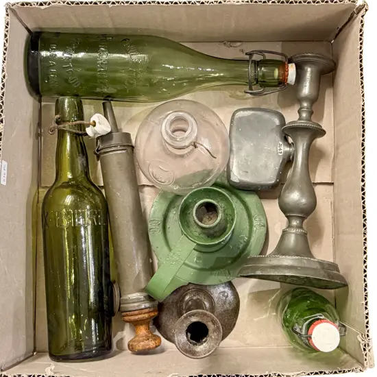 Box of Old Bottles Candlesticks etc