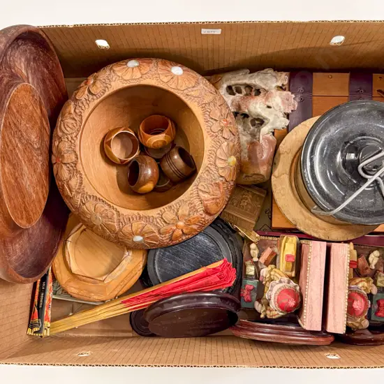 Box of Woodware Soap Stone Ornament etc