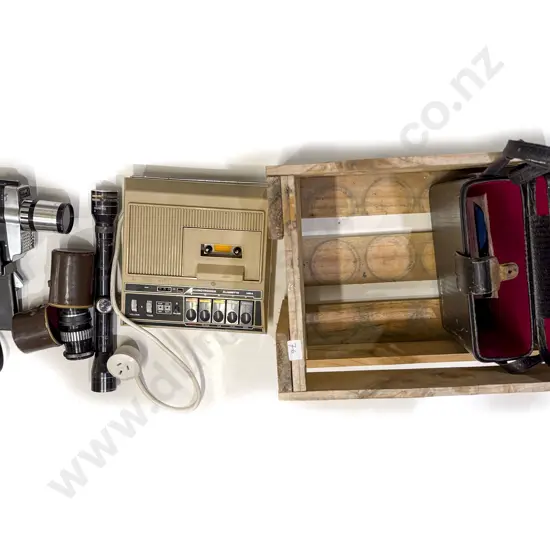 Small Wooden Crate with Cine Camera Telescopic Lens etc