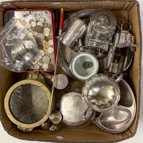 Box of Mixed Silver Plated Ware & Coins etc
