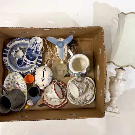 Box with Mixed China Lamps Pewter Tankard etc