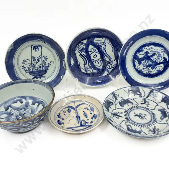 Six Provincial Ming Blue Underglaze Bowls - Faults