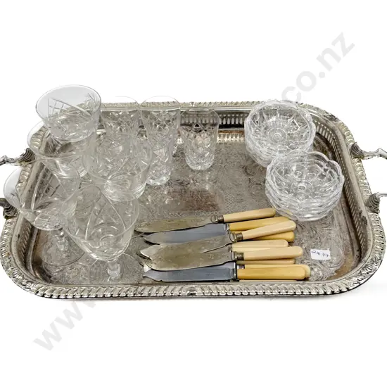 Assorted Crystal & Glassware & Bone Handled Cutlery on S/P Tray