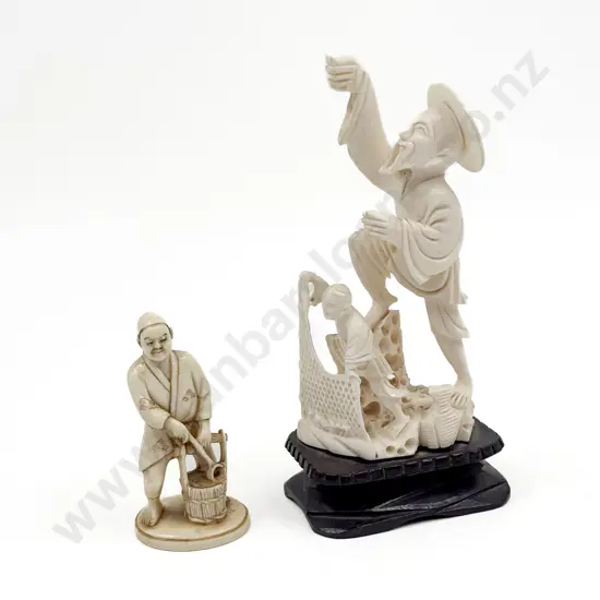 Carved Ivory Figure Group of Fishermen missing fishing rod 13cmH and other figure of man with bucket of water