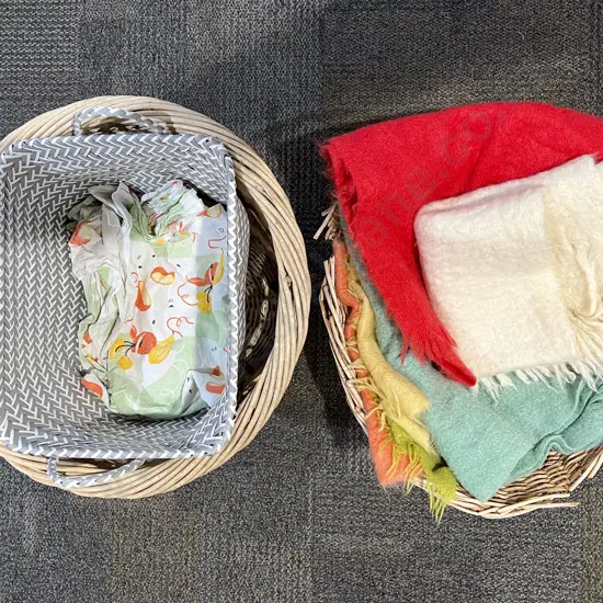 Wool Knee Blankets & Scarves & Three Laundry Baskets