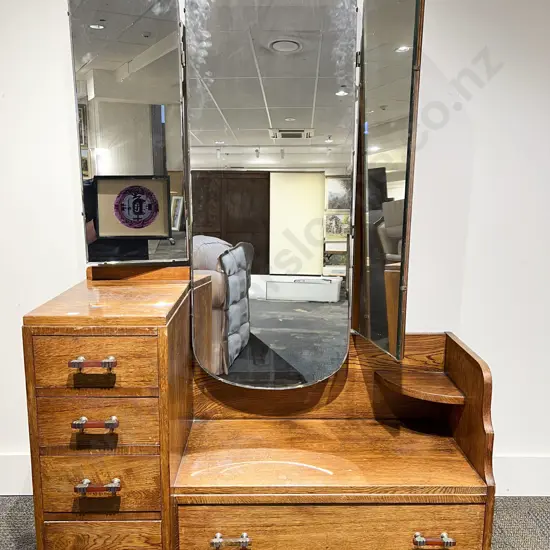 Art Deco Mid Oak Triple Mirror Dressing Table