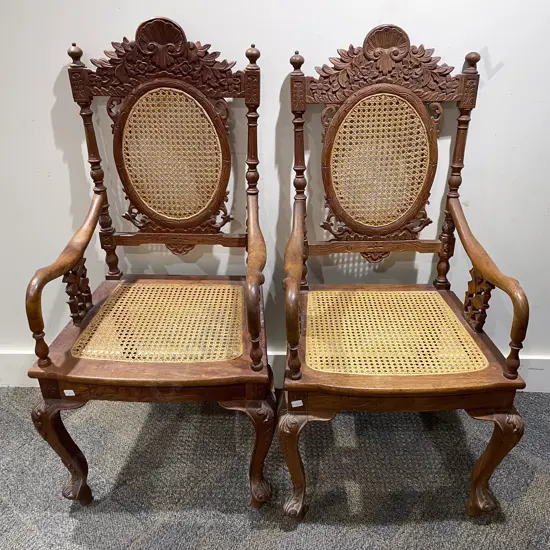 Pair of Indian Teak Open Armchairs with Caned Back and Seats