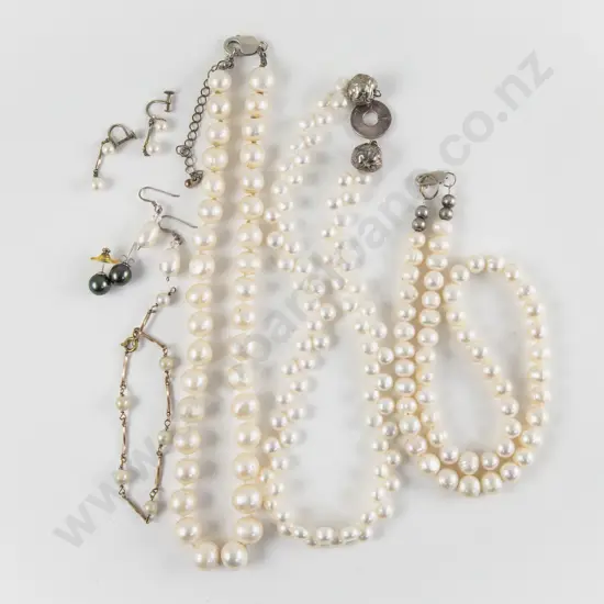 Three Various Freshwater Pearl Necklaces and Three Pair Earrings