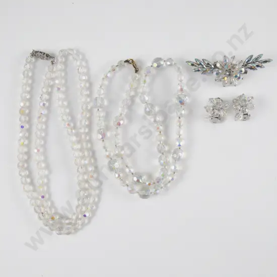 Two Crystal Bead Necklaces Brooch and Earrings