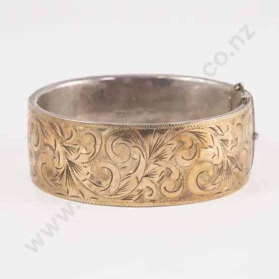 9ct on S/S Half Engraved Wide Hinged Snap Bangle