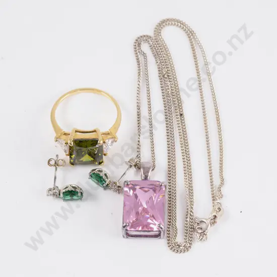 .925 Pink Crystal Pendant on Chain with Earrings and Gold Plated Fashion Ring