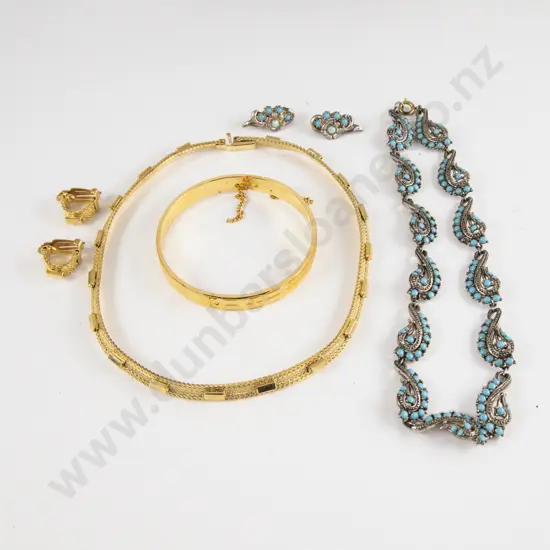 Two Vintage Dress Necklaces with Earrings and Gold Plated Bangle