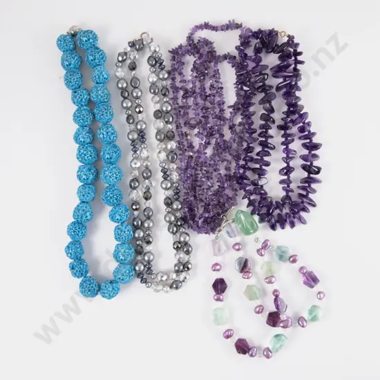 Two Amethyst beaded Necklaces with Three Others