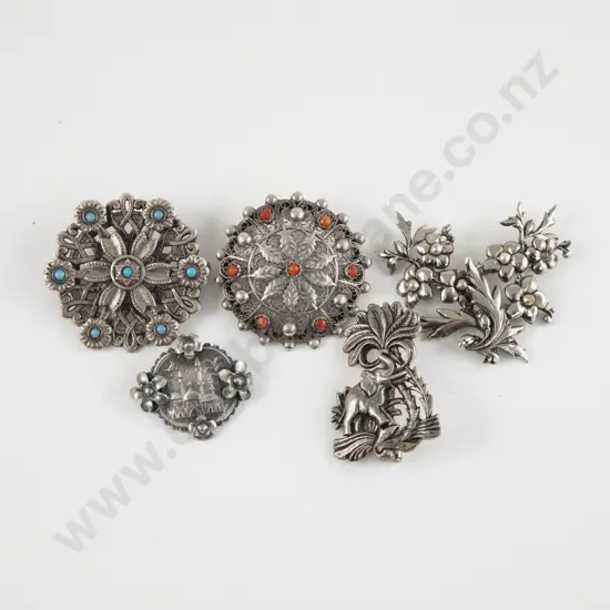 Collection of Five Sterling Silver Brooches