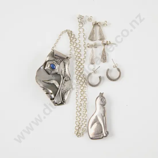 .925 Silver Scene Pendant on Chain with Cat Brooch and Three Pair Earrings