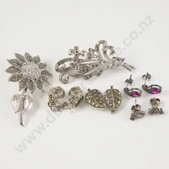 Two Marcasite and Crystal Brooches and Four Pair Earrings