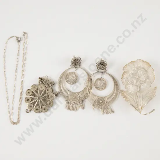 Pair Vintage Silver Filigree Pendant Hoop Earrings Pendant and Flower Stem Brooch