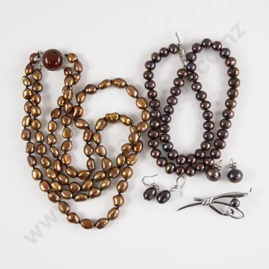 Two Freshwater Pearl Necklaces Two Pair Earrings and S/S Brooch