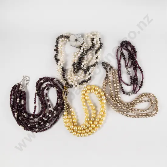 Three Freshwater Pearl Necklaces and Two Garnet Bead Necklaces