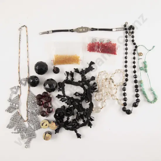 French Jet Bead Fringe Piece with Crystal Turquoise and Other Broken Necklaces