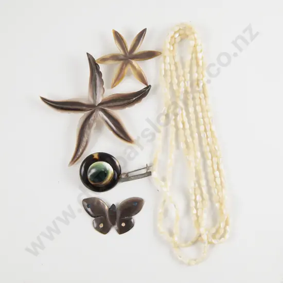 Vintage MOP Bead Necklace with Three Brooches and Cats Eye Brooch