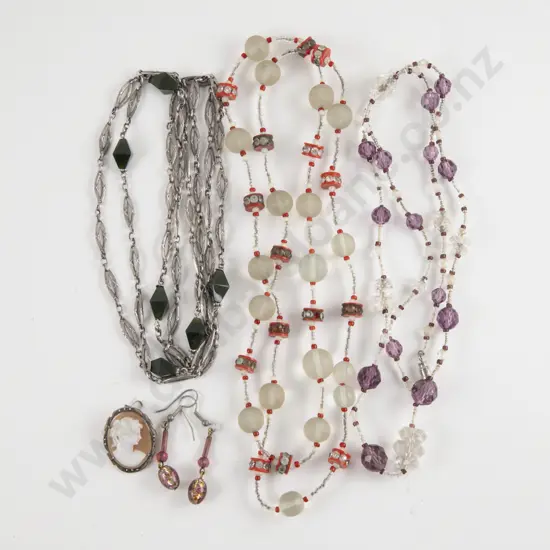Three Various Art Deco Beaded Necklaces with Cameo S/S and Marcasite Framed